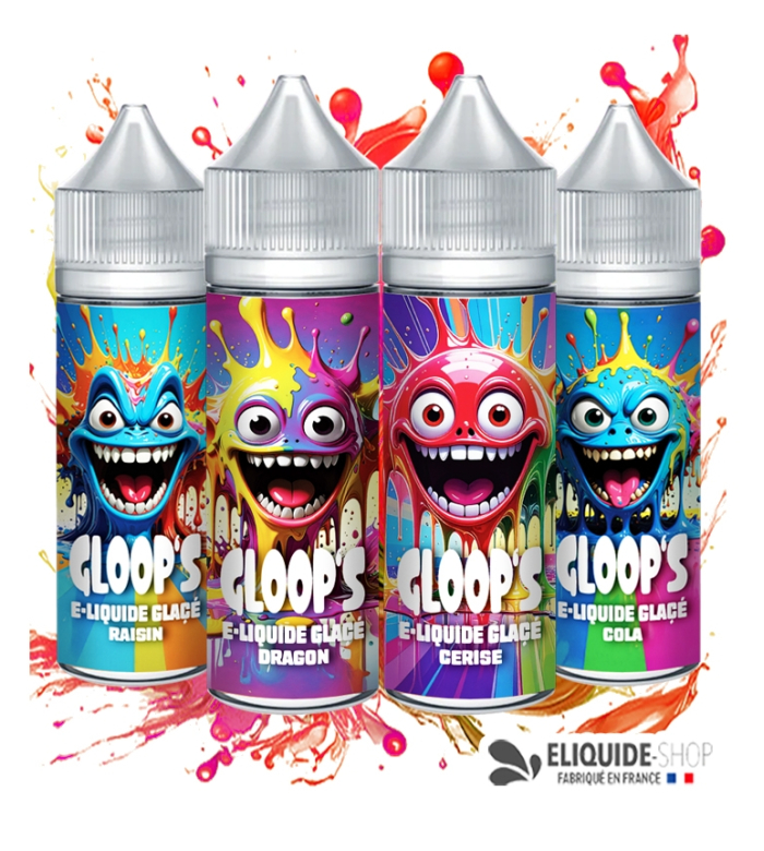Pack 4 e-liquides Glacés 50ML GLOOP'S Cerise Dragon Cola Raisin – saveurs variées e-cigarette