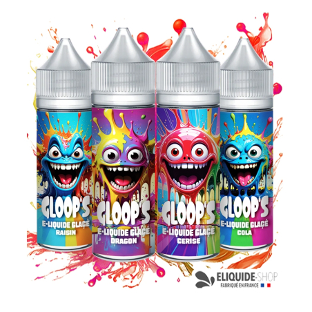 Pack 4 e-liquides Glacés 50ML GLOOP'S Cerise Dragon Cola Raisin – saveurs variées e-cigarette