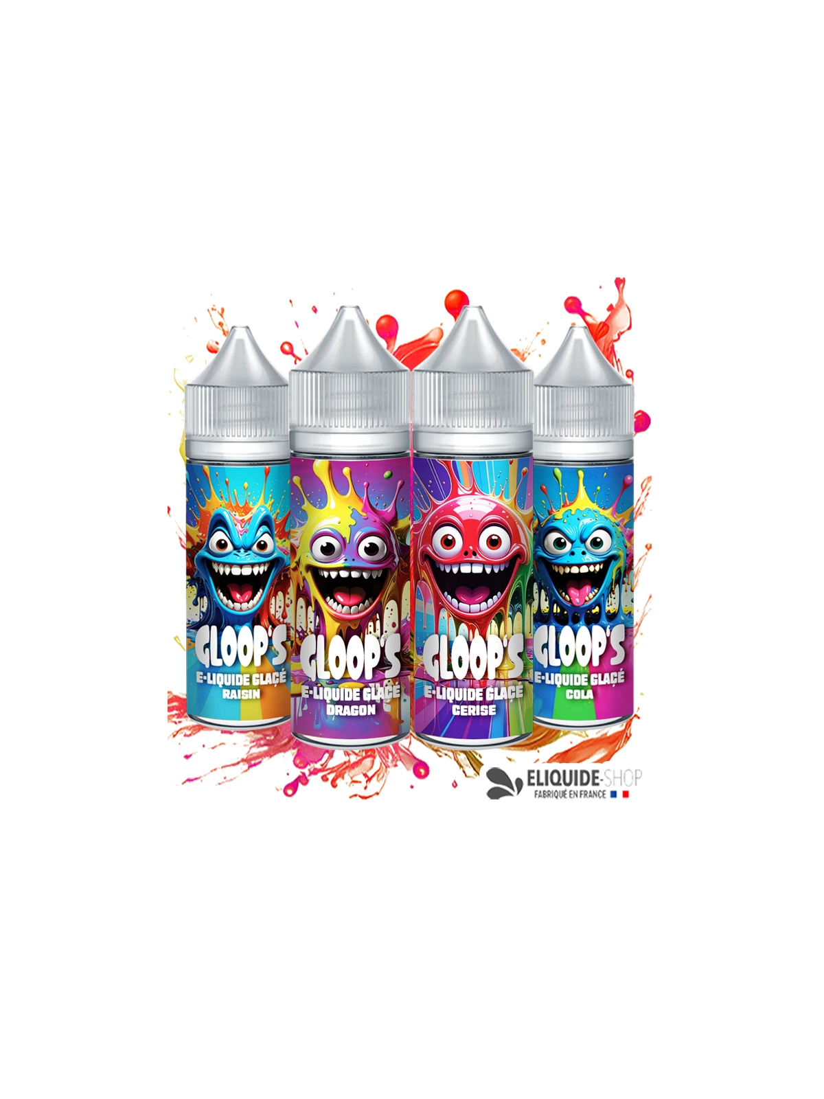 Pack 4 e-liquides Glacés 50ML GLOOP'S Cerise Dragon Cola Raisin – saveurs variées e-cigarette