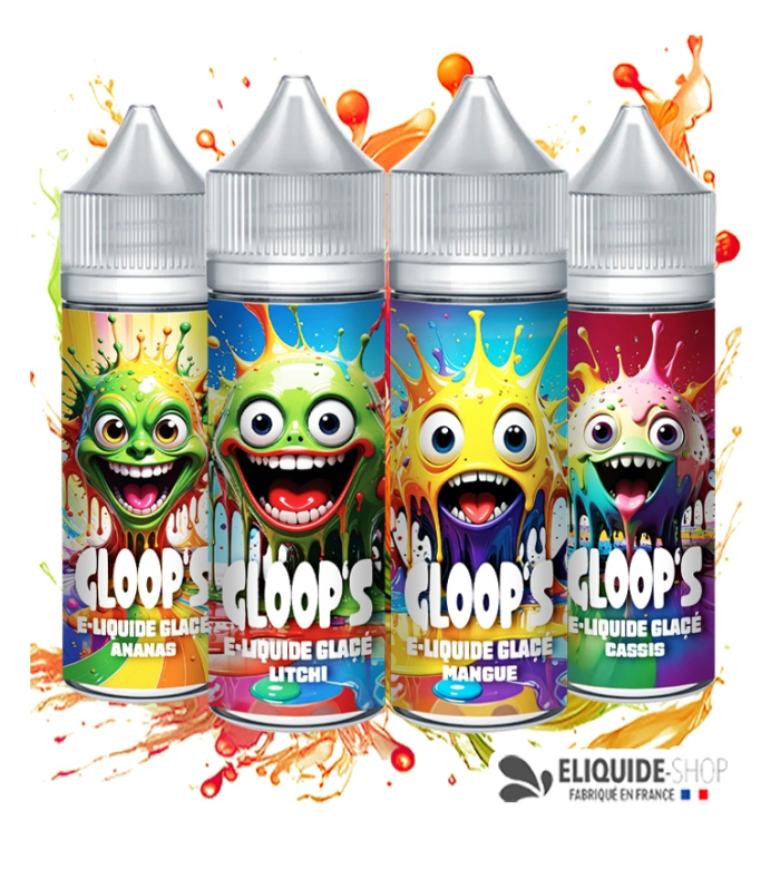 Pack 4 e-liquides Glacés 50ML GLOOP'S Ananas Litchi Mangue Cassis – assortiment fruité