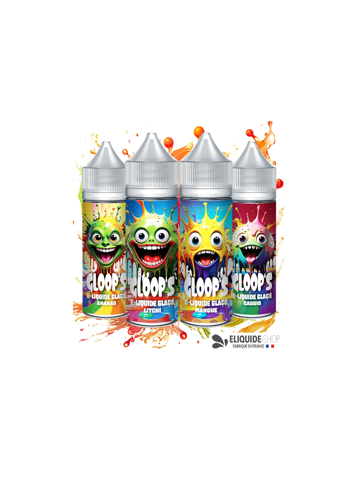 Pack 4 e-liquides Glacés 50ML GLOOP'S Ananas Litchi Mangue Cassis – assortiment fruité