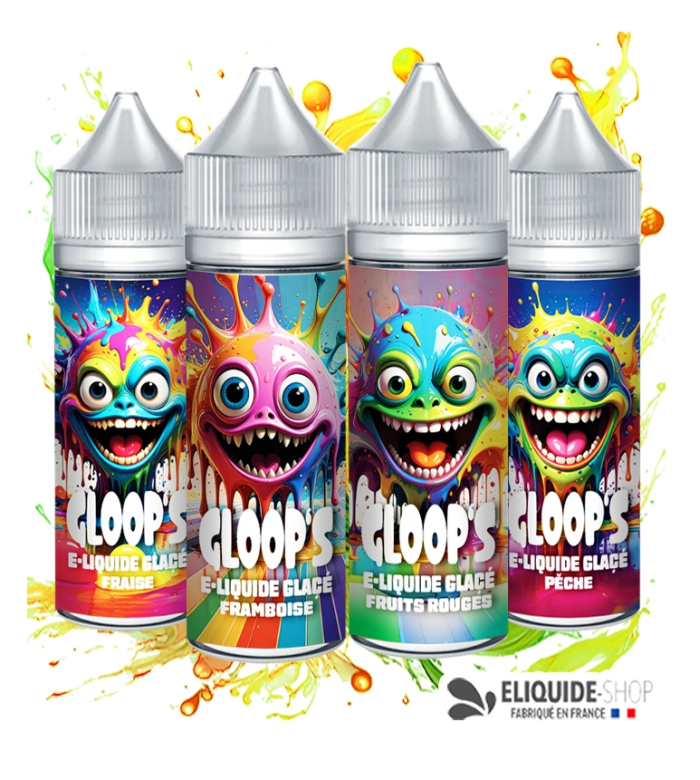 Pack 4 e-liquides Glacés 50ML GLOOP'S Fraise Framboise Fruits Rouges Pêche – fruités frais
