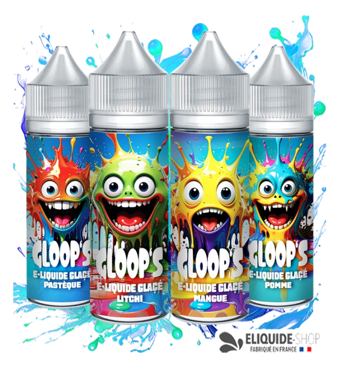 Pack 4 e-liquides Glacés 50ML GLOOP'S Pastèque Pomme Mangue Litchi – pack exotique vapoteuse