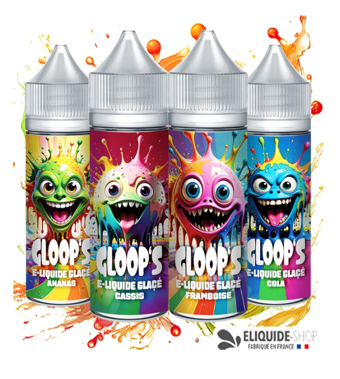 Pack 4 e-liquides Glacés 50ML GLOOP'S Cola Cassis Framboise Ananas – saveurs sucrées rafraîchissantes