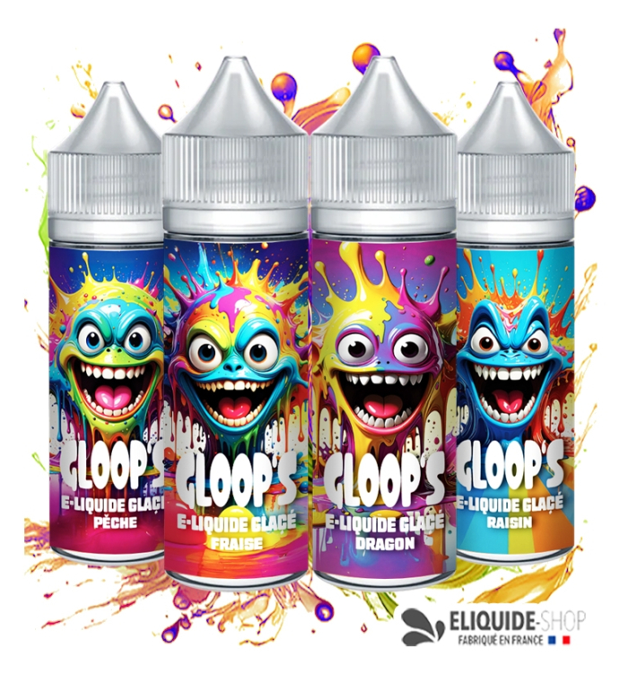 Pack 4 e-liquides Glacés 50ML GLOOP'S Dragon Fraise Raisin Pêche – mélange gourmand pas cher