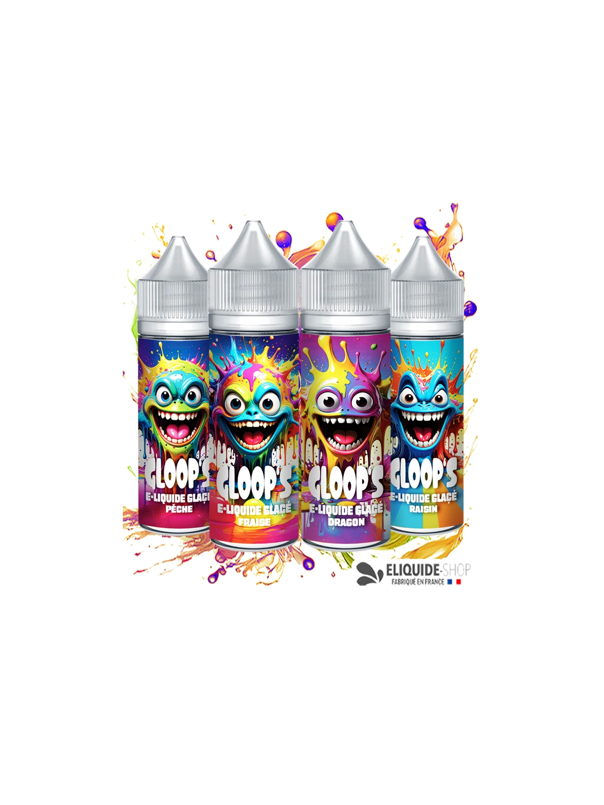 Pack 4 e-liquides Glacés 50ML GLOOP'S Dragon Fraise Raisin Pêche – mélange gourmand pas cher