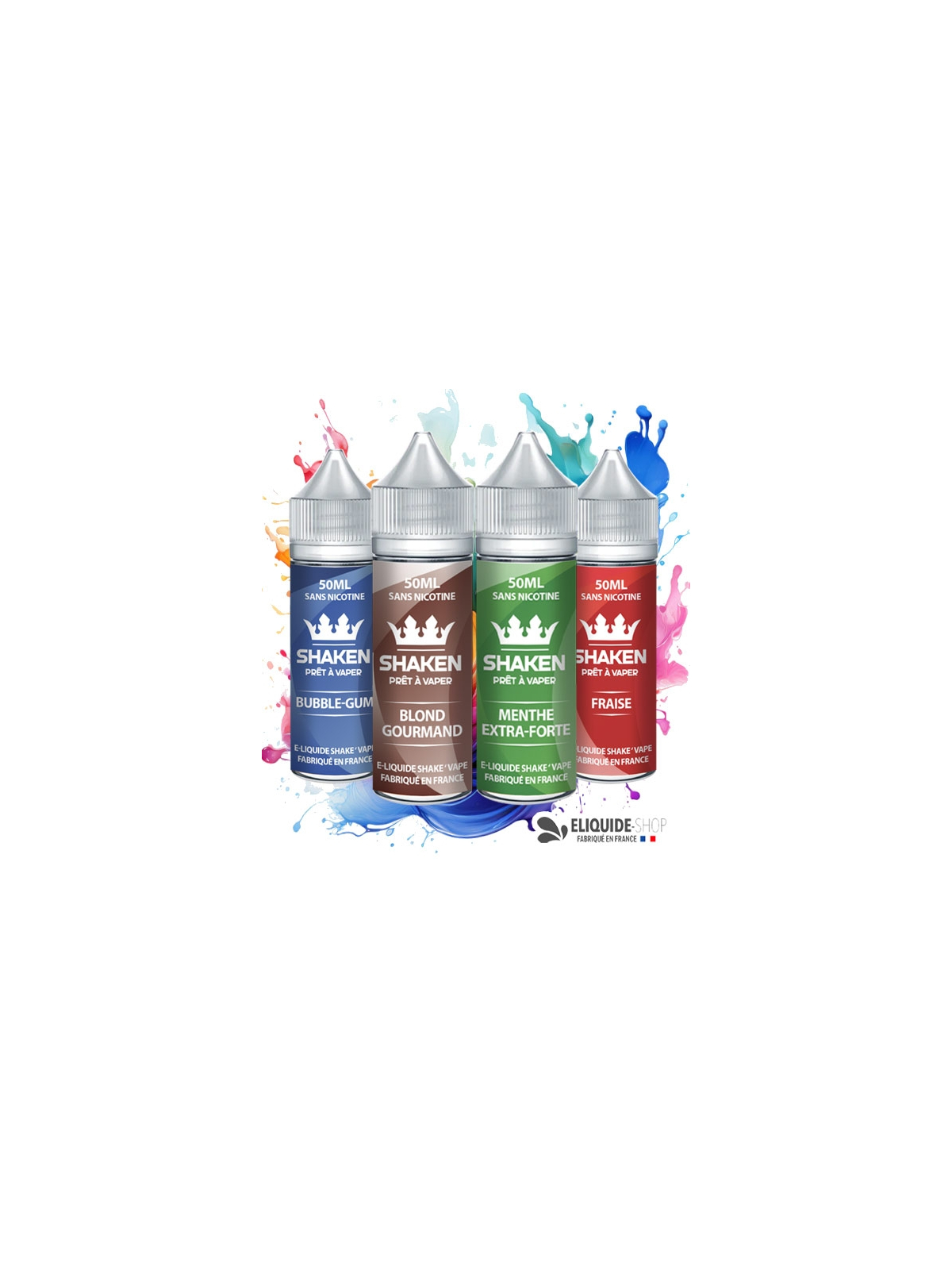 Pack 4 e-liquides PACK 4 E-liquideS 50ML -  BUBBLE GUM, BLOND GOURMAND, MENTHE EXTRA-FORTE et FRAISE – SHAKEN assortiment pour v