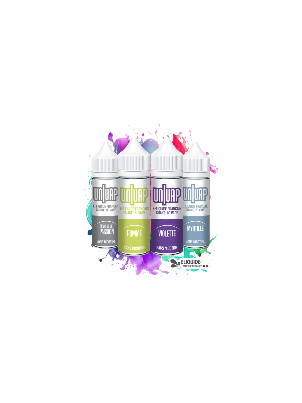 PACK 4 E-LIQUIDES  -  FRUIT DE LA PASSION, POMME, VIOLETTE et MYRTILLE - UNIVAP 50ML